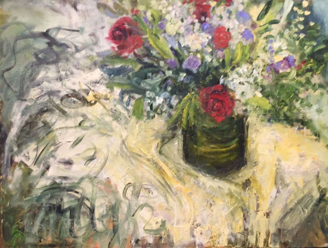 An oil painting of a vase with flowers