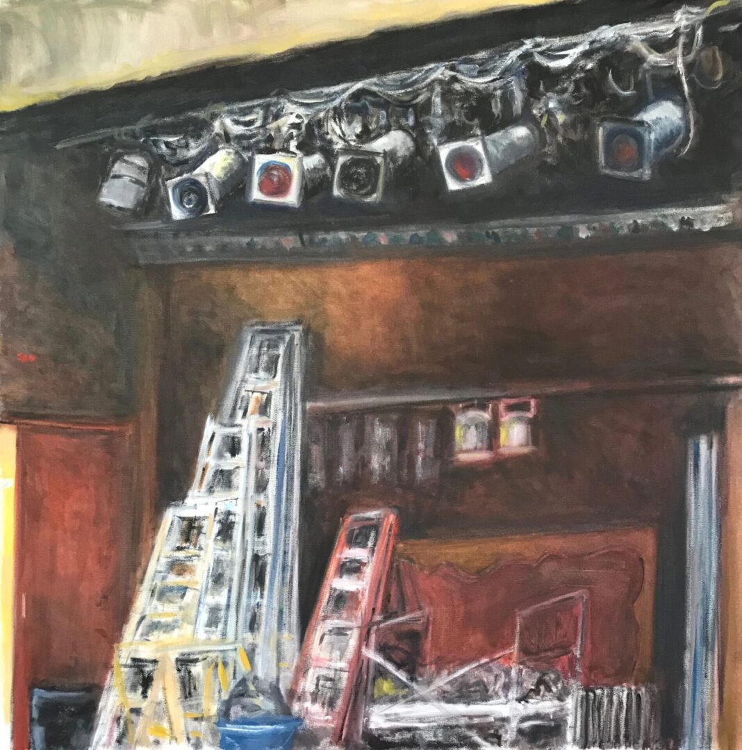 A painting of a stage with lights and ladders