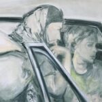 A painting of two women and a car