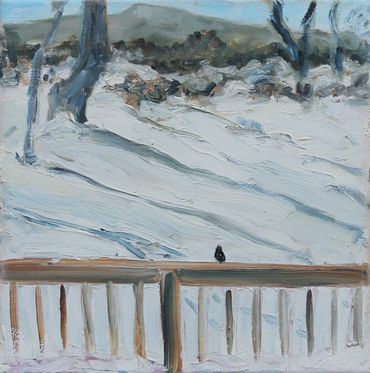 A painting of a bird on a rail in a snowy setting