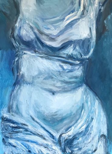 A blue painting of a woman’s body