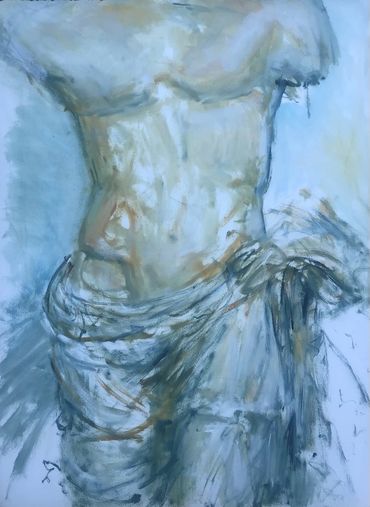 A blue painting of a human torso