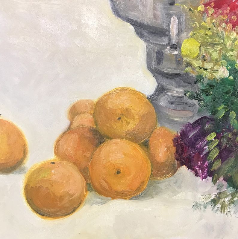 Clementines, Bouquet and Samovar, 12 x 12, oil on wood panel