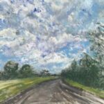 A painting of a road, trees, and a cloudy sky