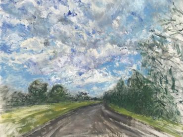 A painting of a road, trees, and a cloudy sky