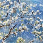 A painting of a flowering dogwood tree with a blue background