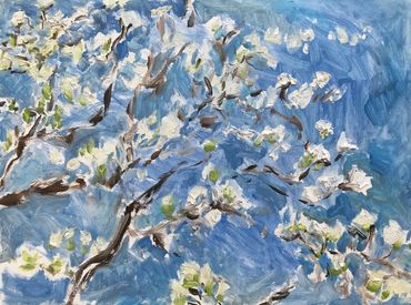 A painting of a flowering dogwood tree with a blue background
