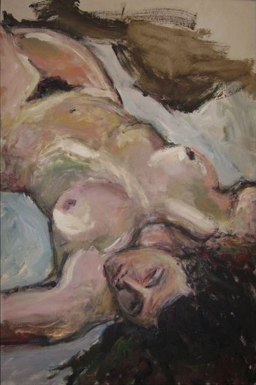 A painting of a naked woman laying on her back