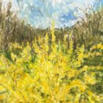 A painting of yellow flowers and a cloudy sky