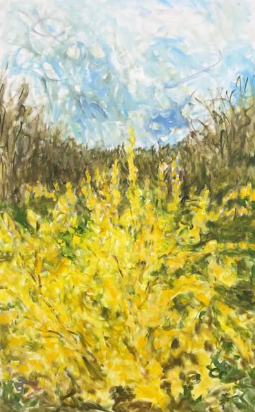 A painting of yellow flowers and a cloudy sky