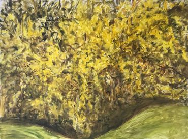 An abstract painting of flowers and grass