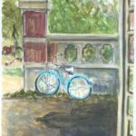 A painting of a light blue bicycle