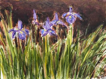 A painting of purple irises and grass
