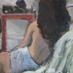 A painting of a woman sitting against a bed