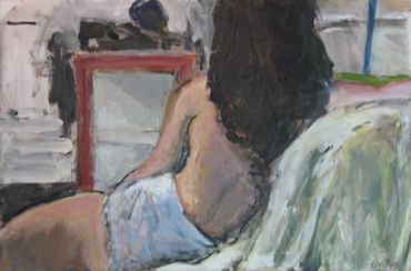 A painting of a woman sitting against a bed