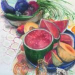 A painting of fruits and vegetables in bowls