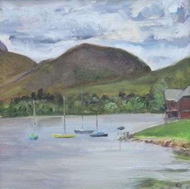 A painting of a lake and mountains