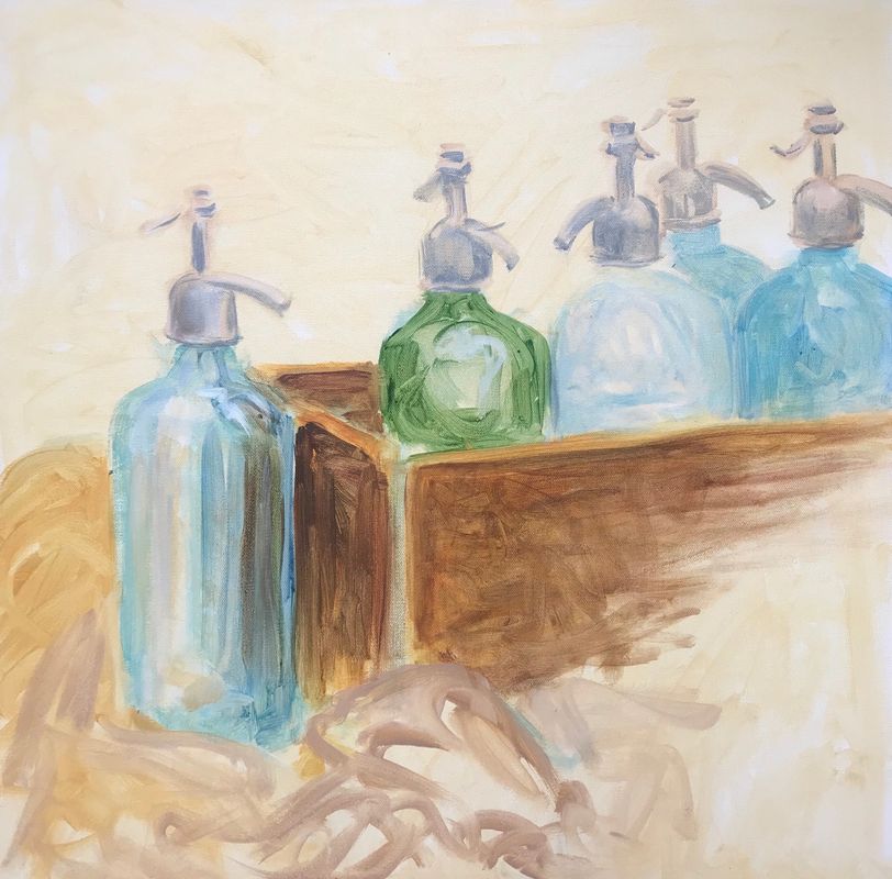 A painting of bottles in a box