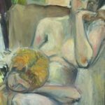 A painting of a naked woman with a person’s head on her lap