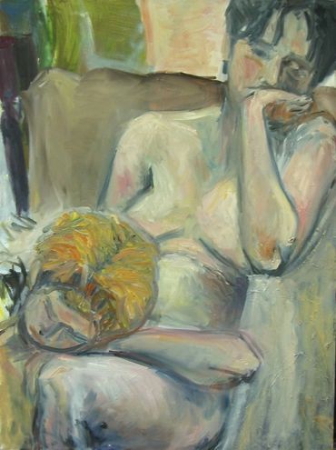 A painting of a naked woman with a person’s head on her lap