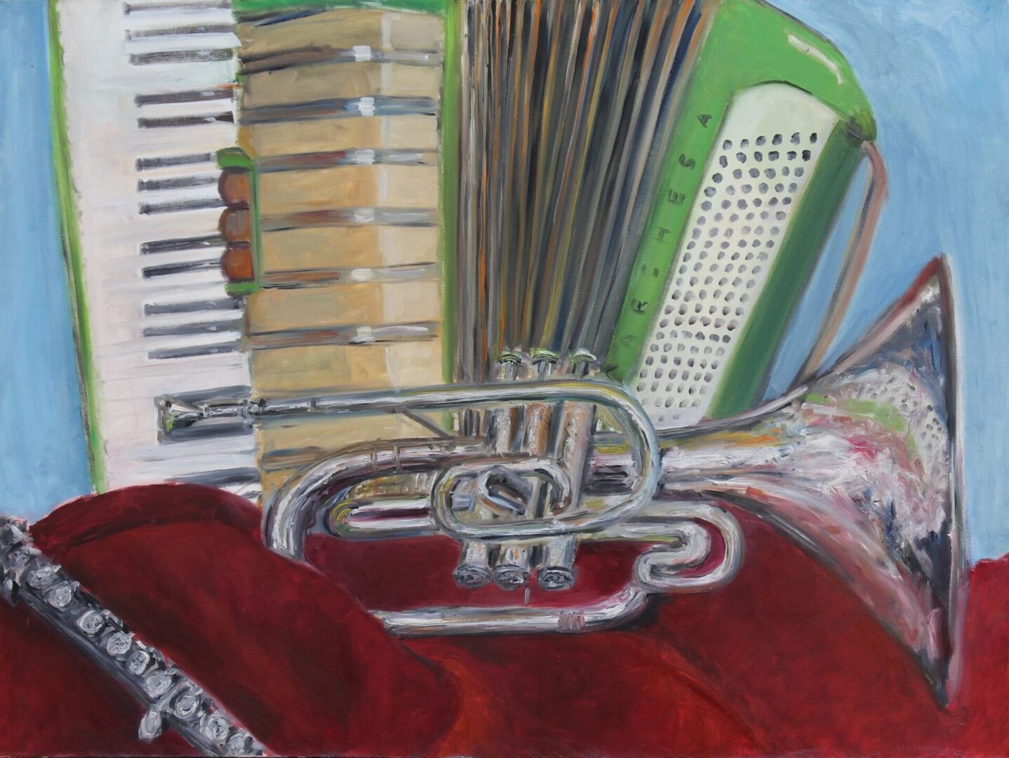 A painting of a green accordion, a trumpet, and a clarinet on a red cushion