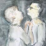 A painting of a woman holding a man by his shirt