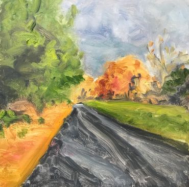 A painting of a road with trees