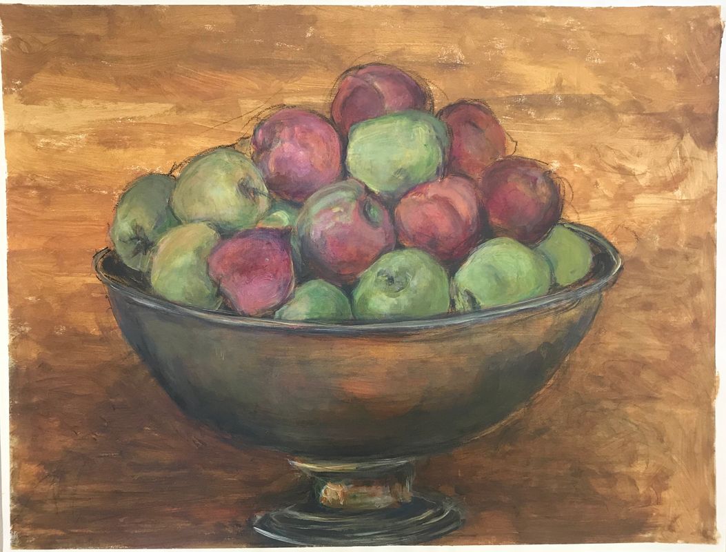 A painting of a bowl of fruits