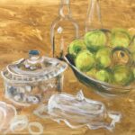 A painting of green fruits in a bowl and glassware