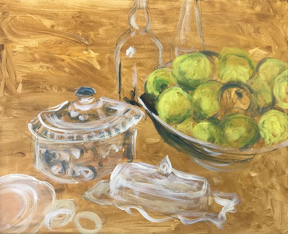 A painting of green fruits in a bowl and glassware