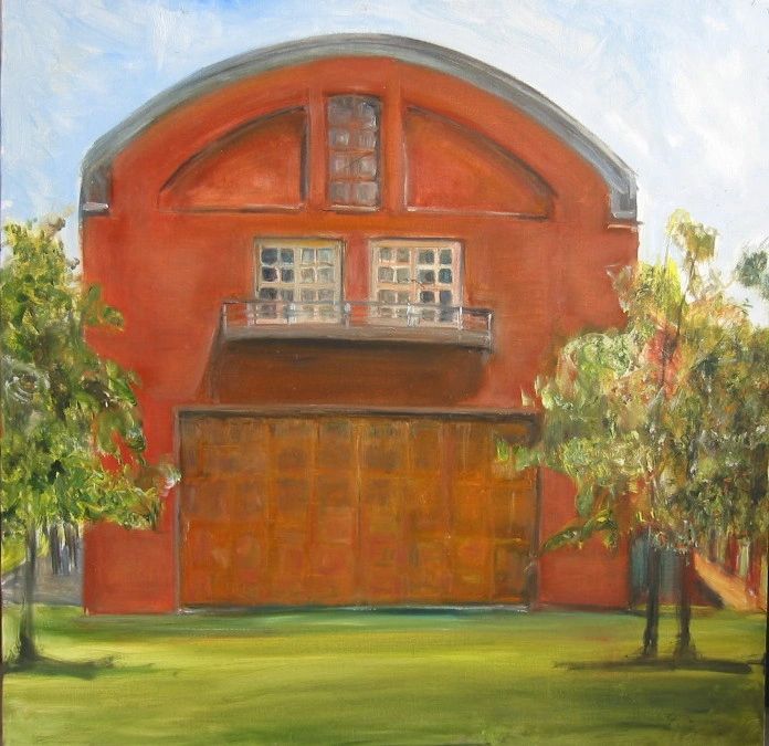 A painting of a red building and trees