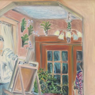 A painting of a person with an easel in a bright room