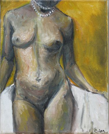 A painting of a naked woman’s body with a pearl necklace