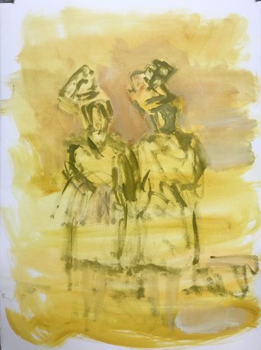 An abstract painting of two people