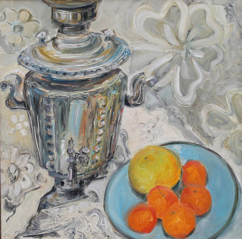 A painting of orange fruits on a plate and a silver container