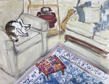 A painting of a dog sleeping on a chair in a living room