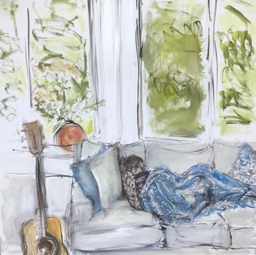 A painting of a person sleeping on a couch, a guitar, and windows