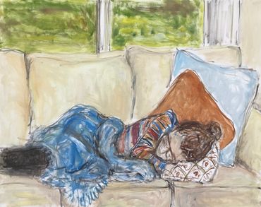 A painting of a person sleeping on a couch with two pillows