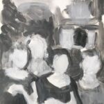 A grayscale painting of four people