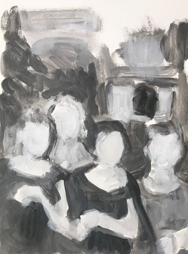 A grayscale painting of four people