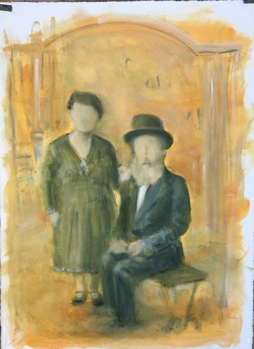 A painting of a woman and a man in formal clothes