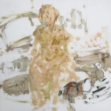 An abstract painting of a figure sitting down